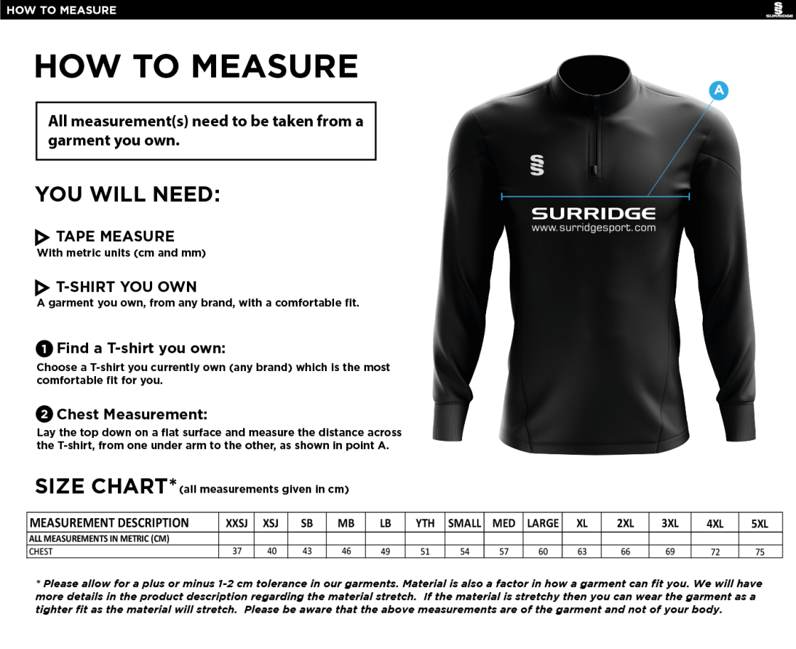 Westbourne House Staff - Blade 1/4 Zip Performance Top - Size Guide