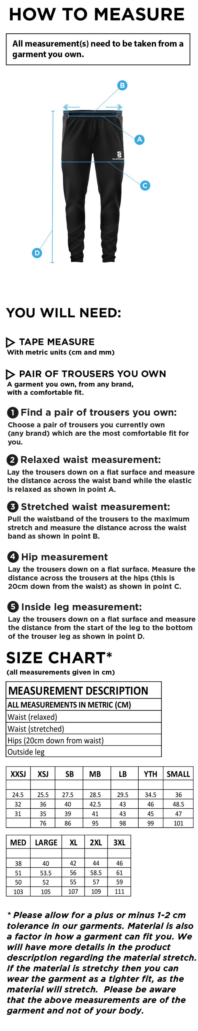 Westbourne House Staff - Tek Slim Training Pants - Size Guide