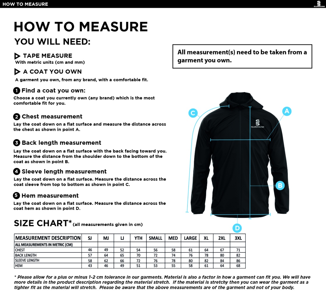 Westbourne House School - Dual Elite 1/4 Zip Hoody / Rain Jacket - Size Guide
