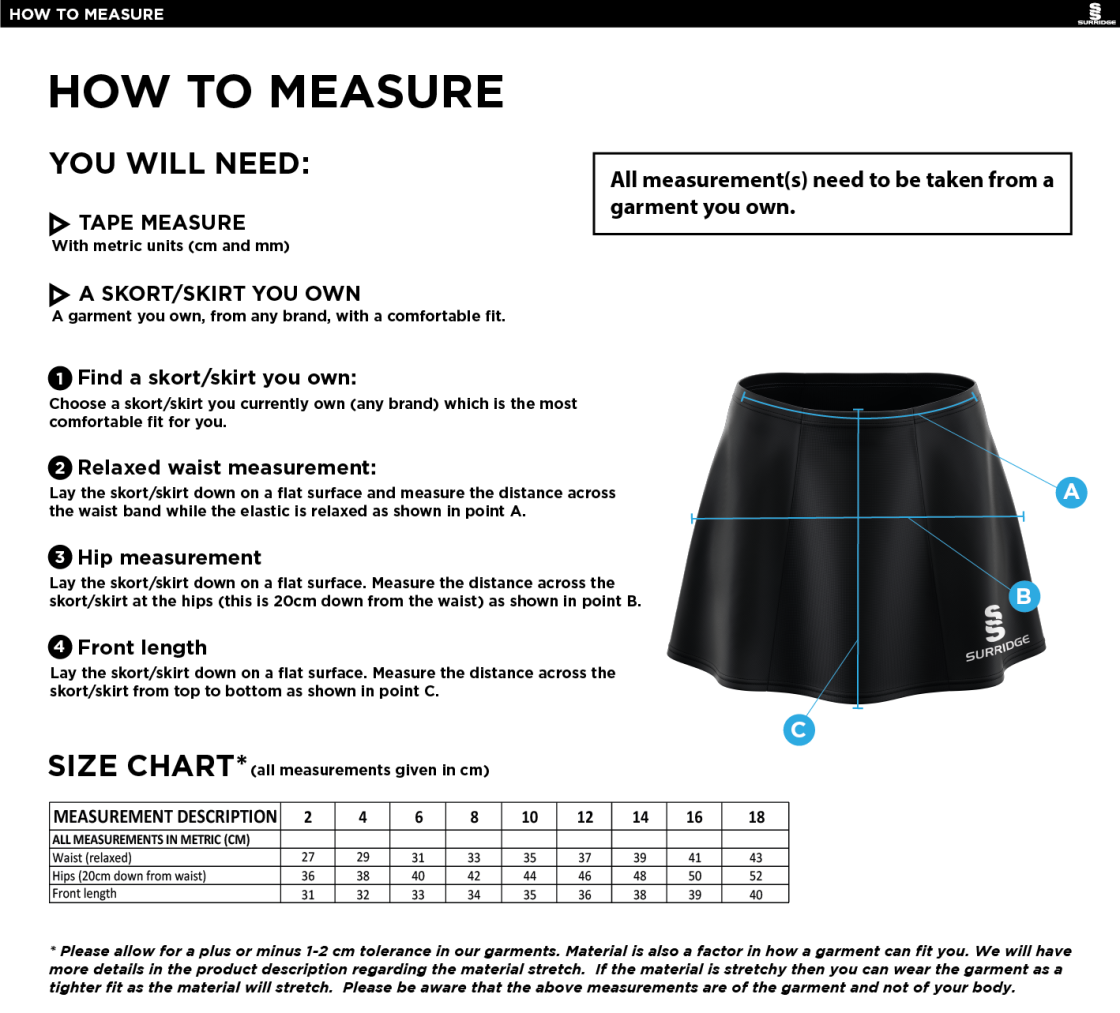 Westbourne House Staff - Blade Skort - Size Guide