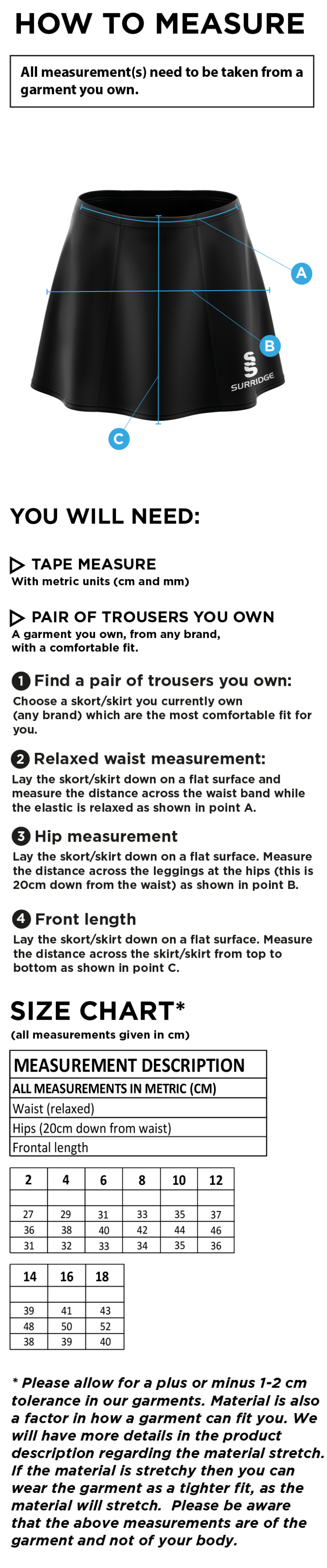 Westbourne House Staff - Blade Skort - Size Guide