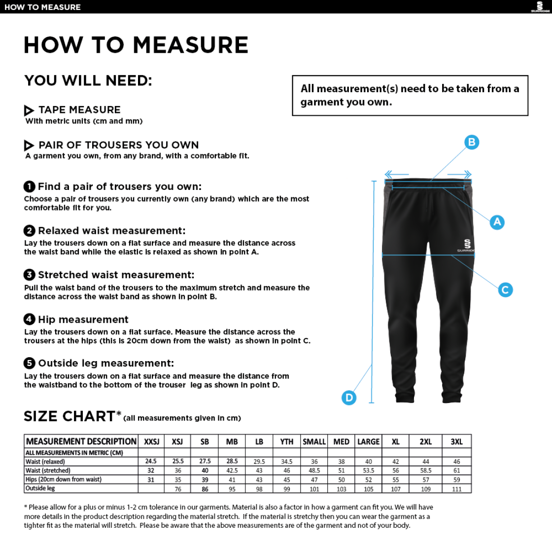 Westbourne House Staff - Tek Slim Training Pants - Size Guide