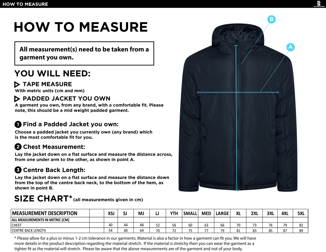 Westbourne House School - Active Padded Jacket - Black - Size Guide