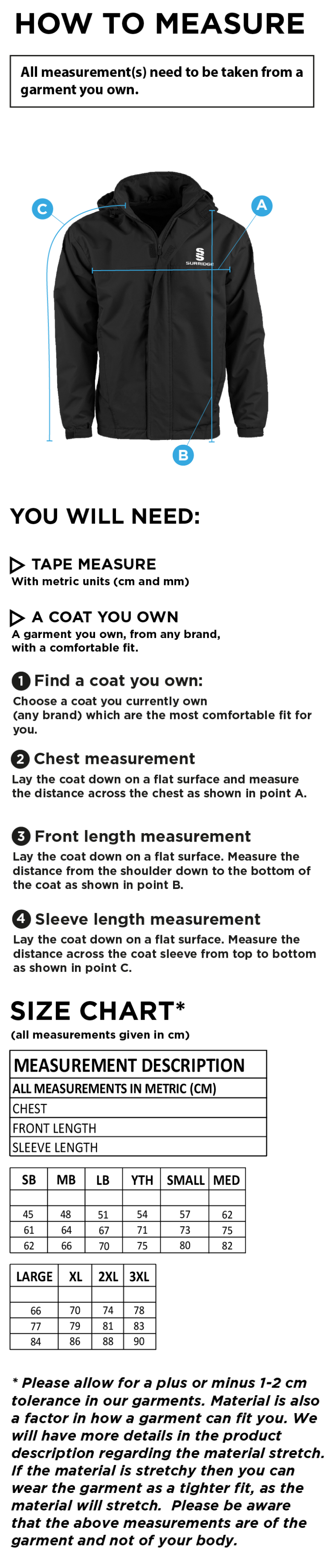 Westbourne House Staff - Dual Fleeced Lined Jacket - Size Guide