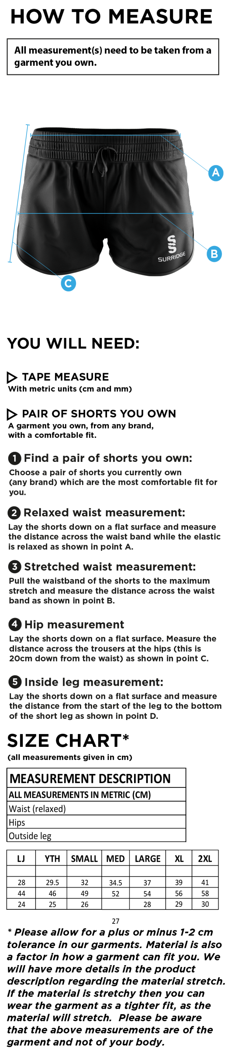 Westbourne House School Ladies Active Shorts - Size Guide