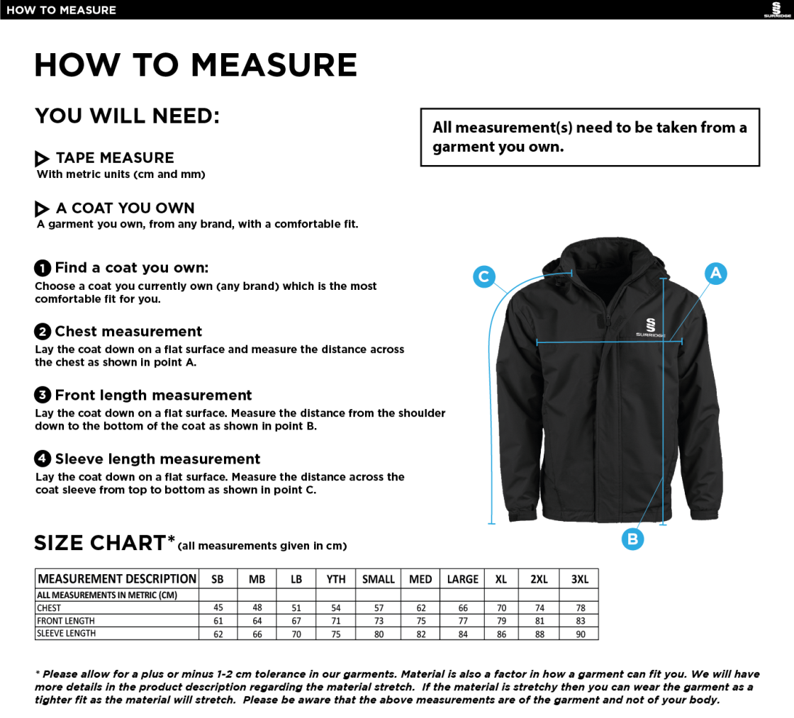 Westbourne House Staff - Dual Fleeced Lined Jacket - Size Guide