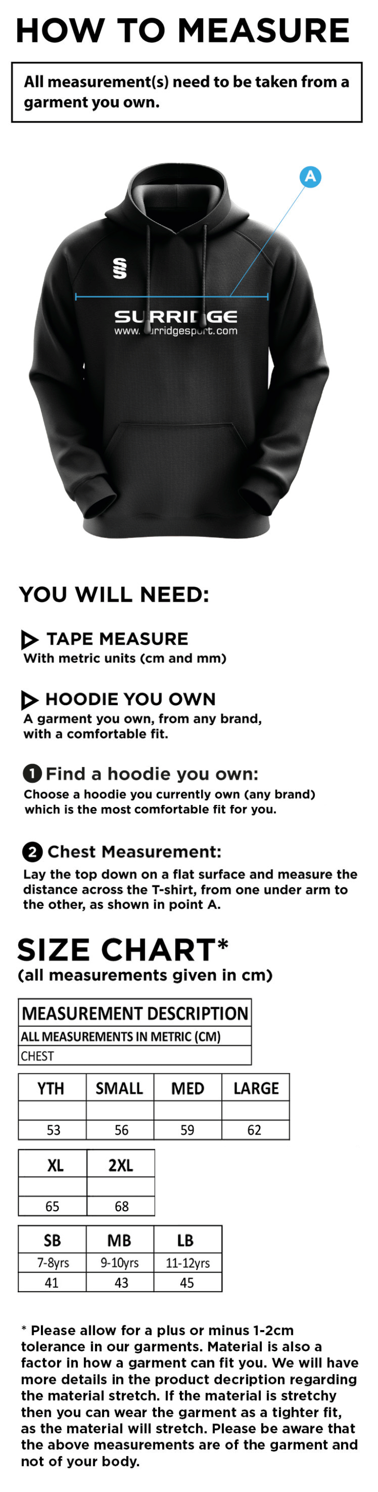 Westbourne House Staff - Blade Hoody - Size Guide